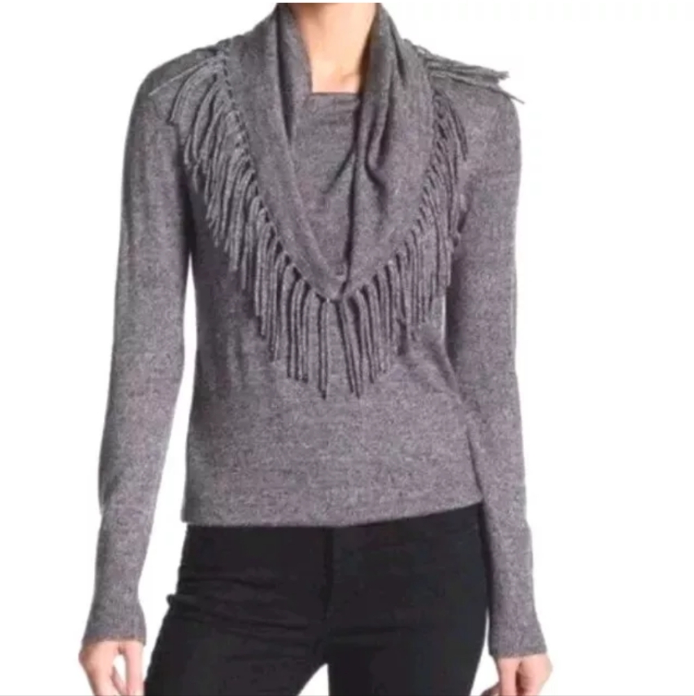 Chelsea Thedore Fringed Cowl Neck Sweater Woman Plus 2X Wool Blend Grey Marbled